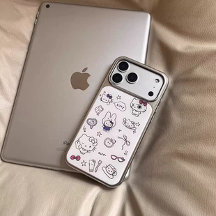 白底满屏线条kt插画新款 银边手机壳适用苹果iPhone17promax高级感air保护套小众16plus亮面15pro14防摔13气质