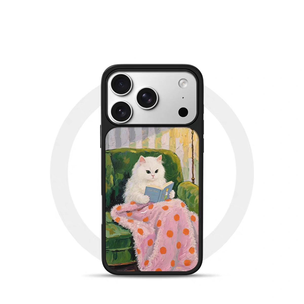 ins风可爱看书小猫电镀银黑边适用苹果iPhone17promax手机壳16pro小米15Pro保护套华为mate80P70三星S23软壳