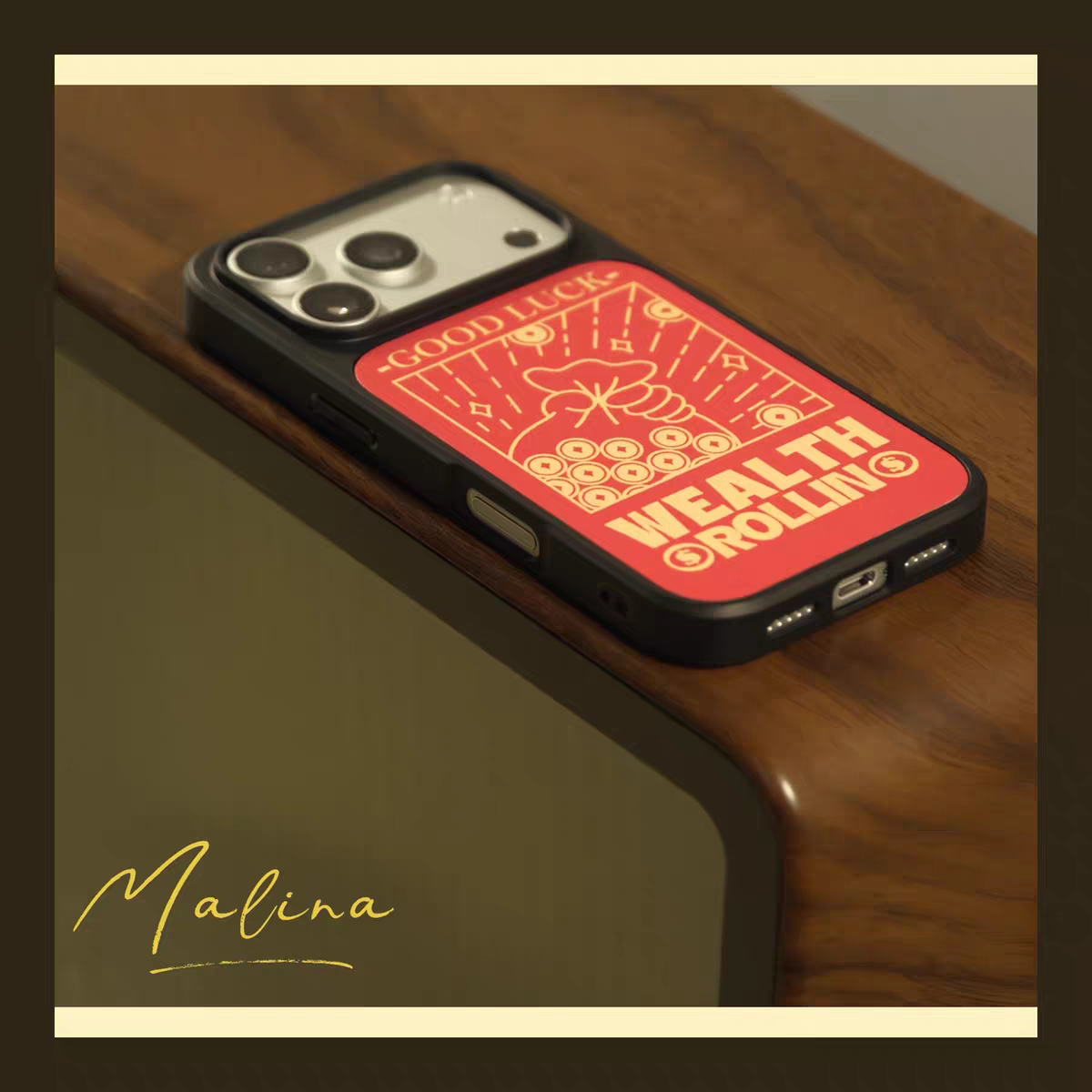 财源滚滚好运钱袋子亚克力黑边适用苹果iPhone17promax手机壳15pro小米14Pro保护套华为mate60P70防摔三星S23