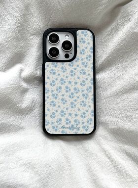 韩系ins风蓝色碎花亚克力黑边适用苹果iPhone16promax手机壳15pro小米14Pro保护套华为mate60P70防摔三星S23