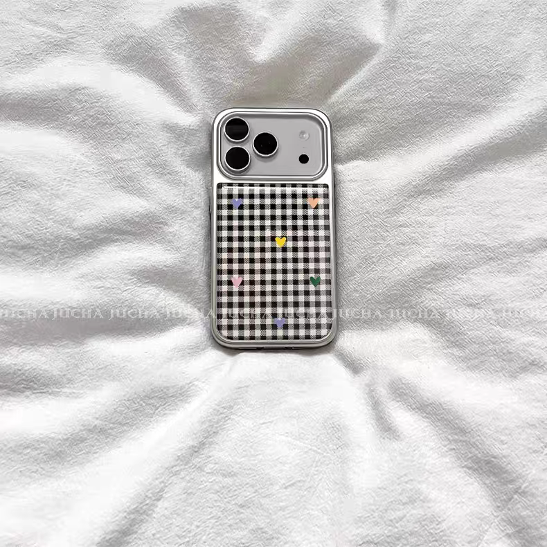 复古黑白格子爱心ins银边适用苹果17promax滴胶手机壳iphone16pro新款1314pro创意15pro全包防摔手机套高级感