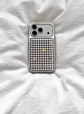 复古黑白格子爱心ins银边适用苹果17promax滴胶手机壳iphone16pro新款1314pro创意15pro全包防摔手机套高级感