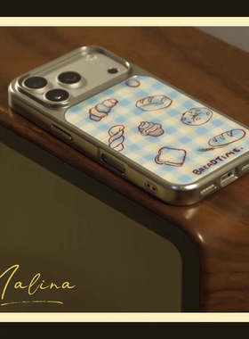 ins小众蓝色面包插画电镀银边适用苹果iPhone17promax手机壳16pro小米14Pro保护套华为mate60P70三星S23软壳