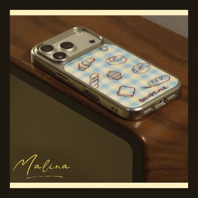 ins小众蓝色面包插画电镀银边适用苹果iPhone17promax手机壳16pro小米14Pro保护套华为mate60P70三星S23软壳
