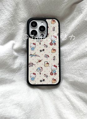 粉色波点Kitty猫咪亚克力黑边适用苹果iPhone16promax手机壳15pro小米1514Pro保护套华为mate70防摔三星S23