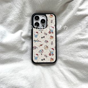粉色波点Kitty猫咪亚克力黑边适用苹果iPhone16promax手机壳15pro小米1514Pro保护套华为mate70防摔三星S23