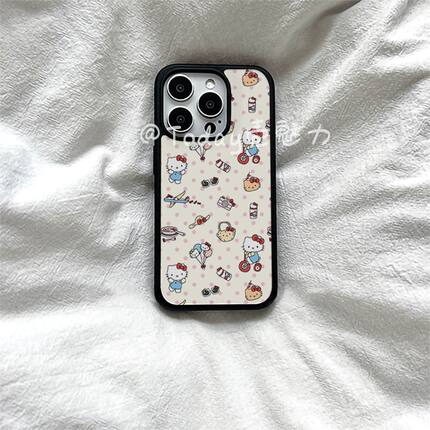 粉色波点小猫猫咪亚克力黑边适用苹果iPhone16promax手机壳15pro小米1514Pro保护套华为mate70防摔三星S23