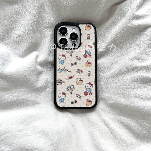 粉色波点小猫猫咪亚克力黑边适用苹果iPhone16promax手机壳15pro小米1514Pro保护套华为mate70防摔三星S23