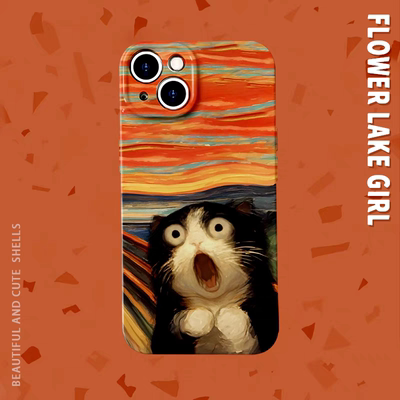 震惊jpg~油画呐喊奶牛猫适用iPhone16/15pro手机壳华为pura70菲林小米14/15畅享70软vivoS19硬iqooneo9苹果14