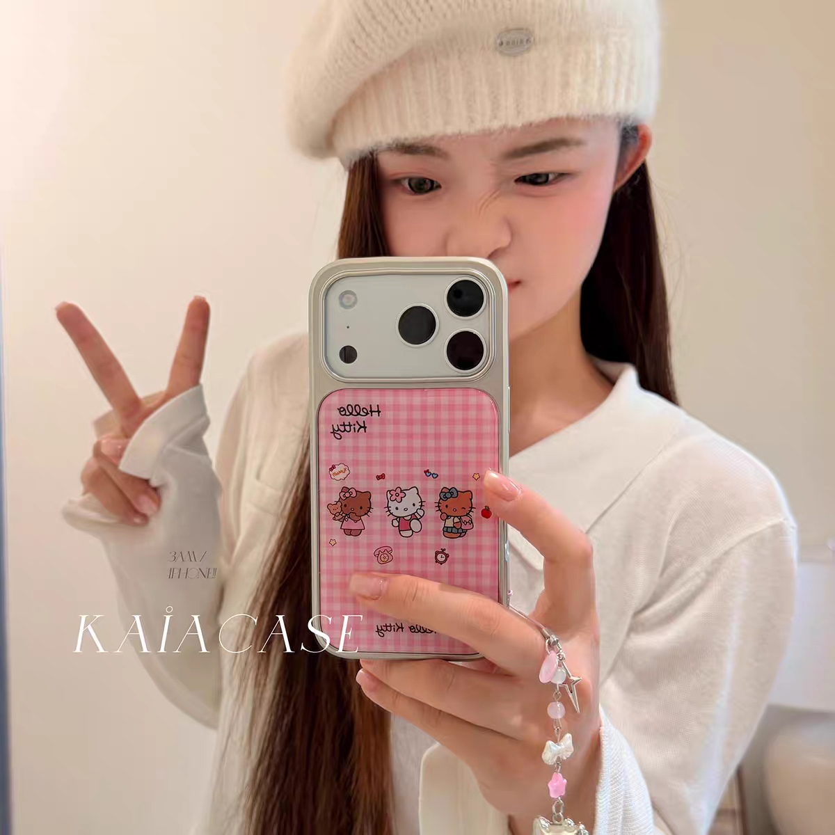 ins粉格纹哈喽kt凯蒂猫适用苹果17promax滴胶手机壳iphone16pro新款13女14pro创意15pro全包防摔手机套高级感