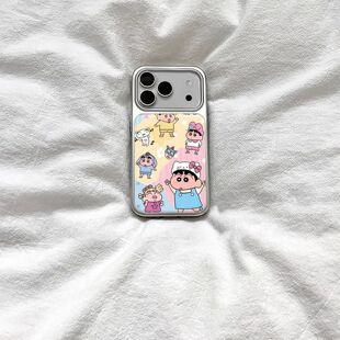 ins风卡通可爱拼接小新银边滴胶手机壳适用苹果iPhone17promax手机壳软边16防摔15原创14可爱13保护套12