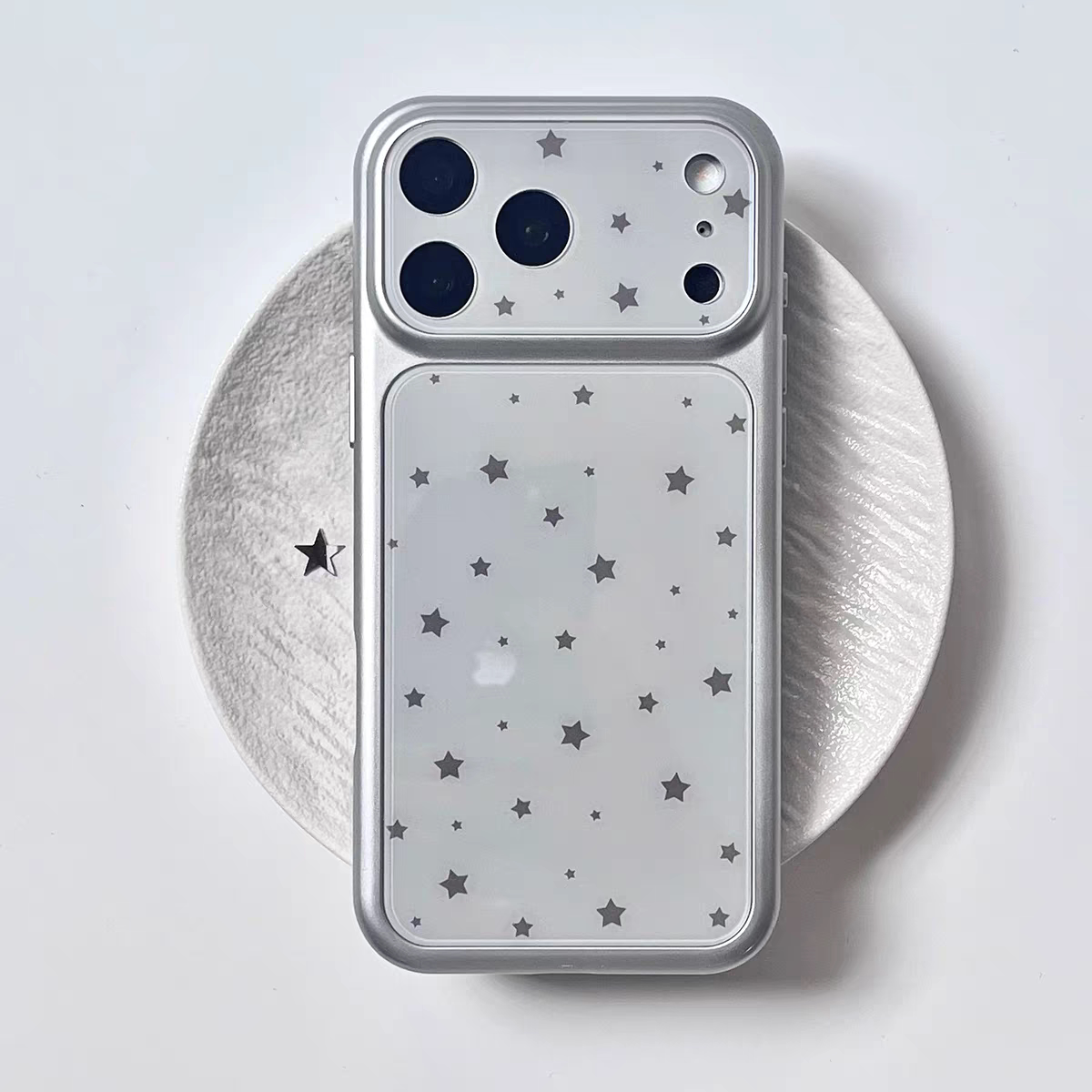ins韩系复古可爱银灰色星星大视窗手机壳适用苹果17promax手机壳iPhone16高级感肤感壳15plus创意14pro13防摔