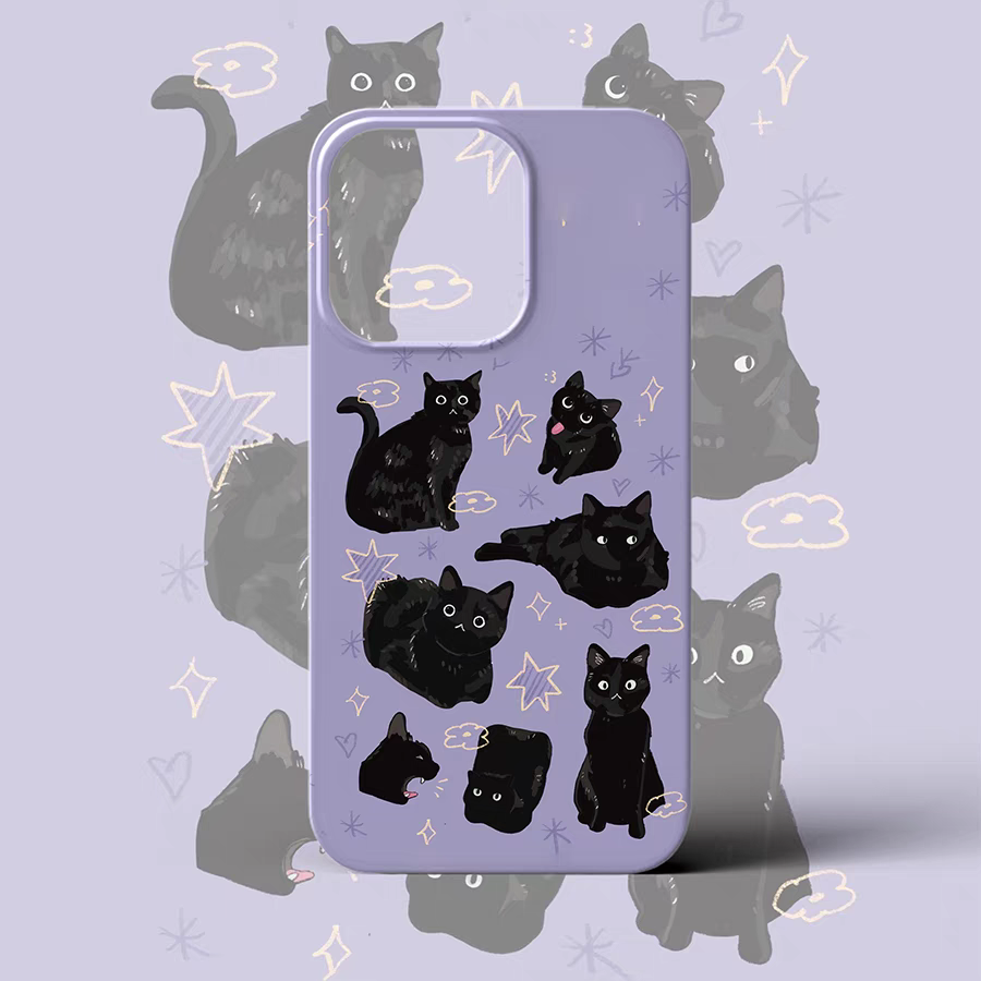 小黑猫手机壳适用iphone15promax苹果14可爱13手绘12紫色11手绘vivox100华为mate60荣耀90一加ace3v硬p70小米