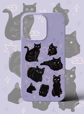 小黑猫手机壳适用iphone15promax苹果14可爱13手绘12紫色11手绘vivox100华为mate60荣耀90一加ace3v硬p70小米