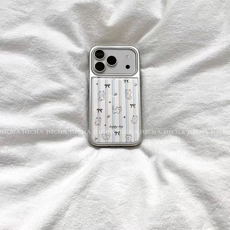 ins条纹线条可爱小猫电镀银边适用苹果iPhone17promax手机壳16pro小米14Pro保护套华为mate60P70三星S23软壳