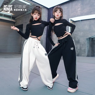 尼恩家女童爵士舞服套装 T恤露脐儿童街舞表演出服潮kpop jazz长袖