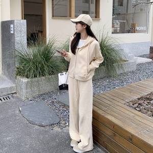 春季新款休闲运动套装女2024年韩版宽松粉色连帽卫衣阔腿裤两件套图片