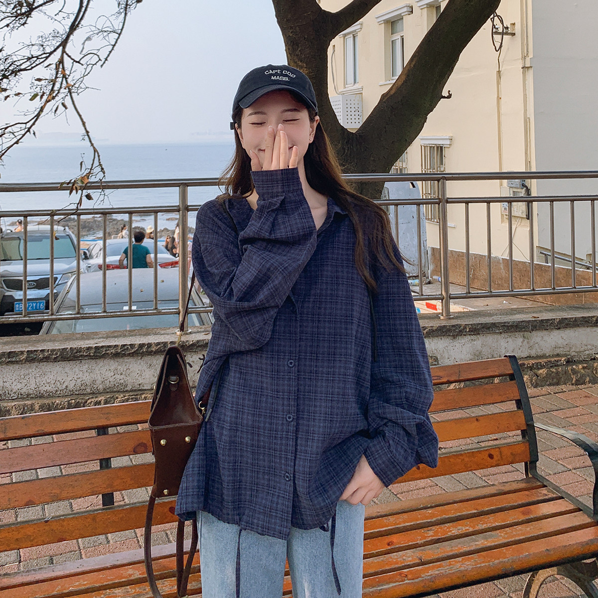 复古格子连帽衬衫外套女2025春季新款韩系学院风减龄宽松休闲上衣,女装短外套,浙宝115
