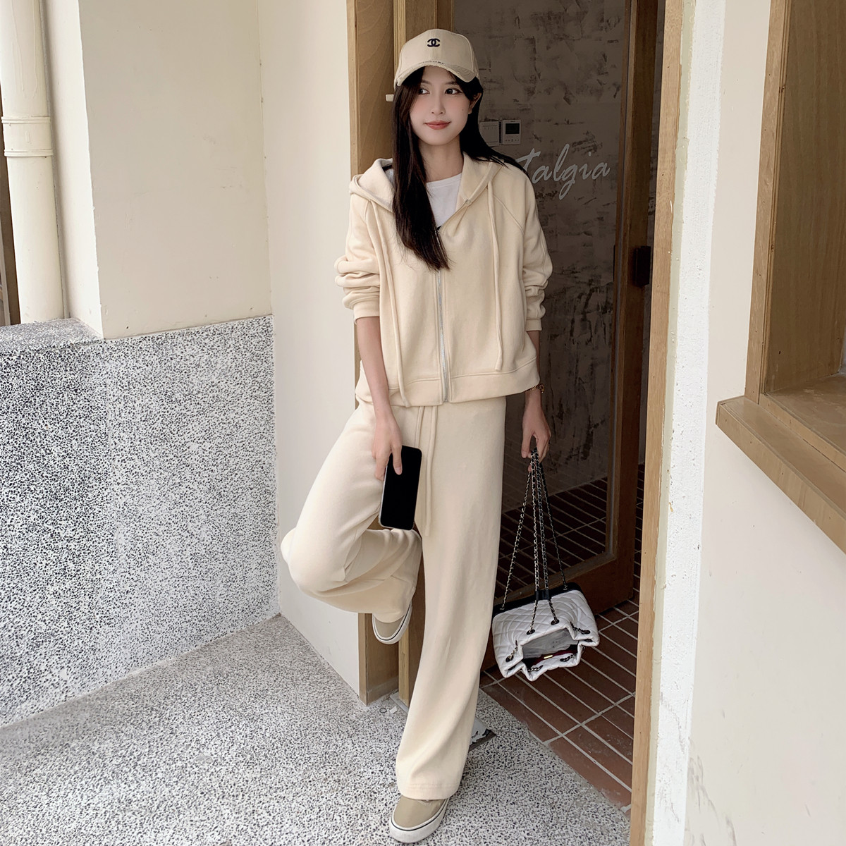 春季新款休闲运动套装女2024年韩版宽松粉色连帽卫衣阔腿裤两件套,女装套装/套裙,浙宝115