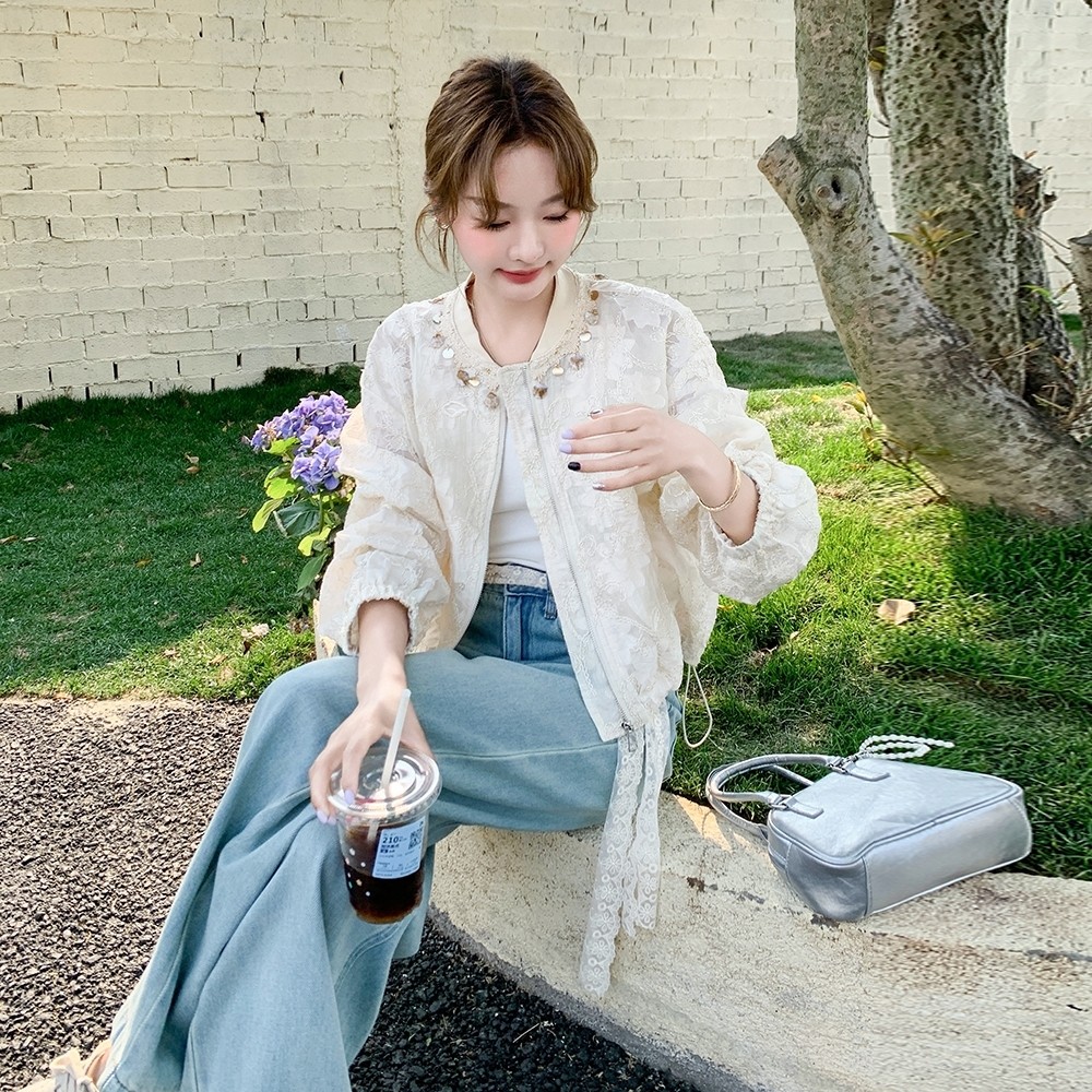 米白色蕾丝提花轻薄防晒外套女2025夏季新款高级感休闲小个子上衣,女装短外套,浙宝115