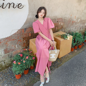 粉色法式浪漫v领连衣裙女2025春夏新款气质高端轻奢茶歇裙长裙子图片