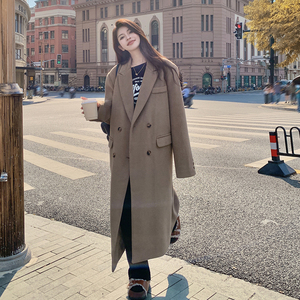 白色高级感长款西装毛呢外套女2025春季新款韩系牛角扣双排扣大衣图片