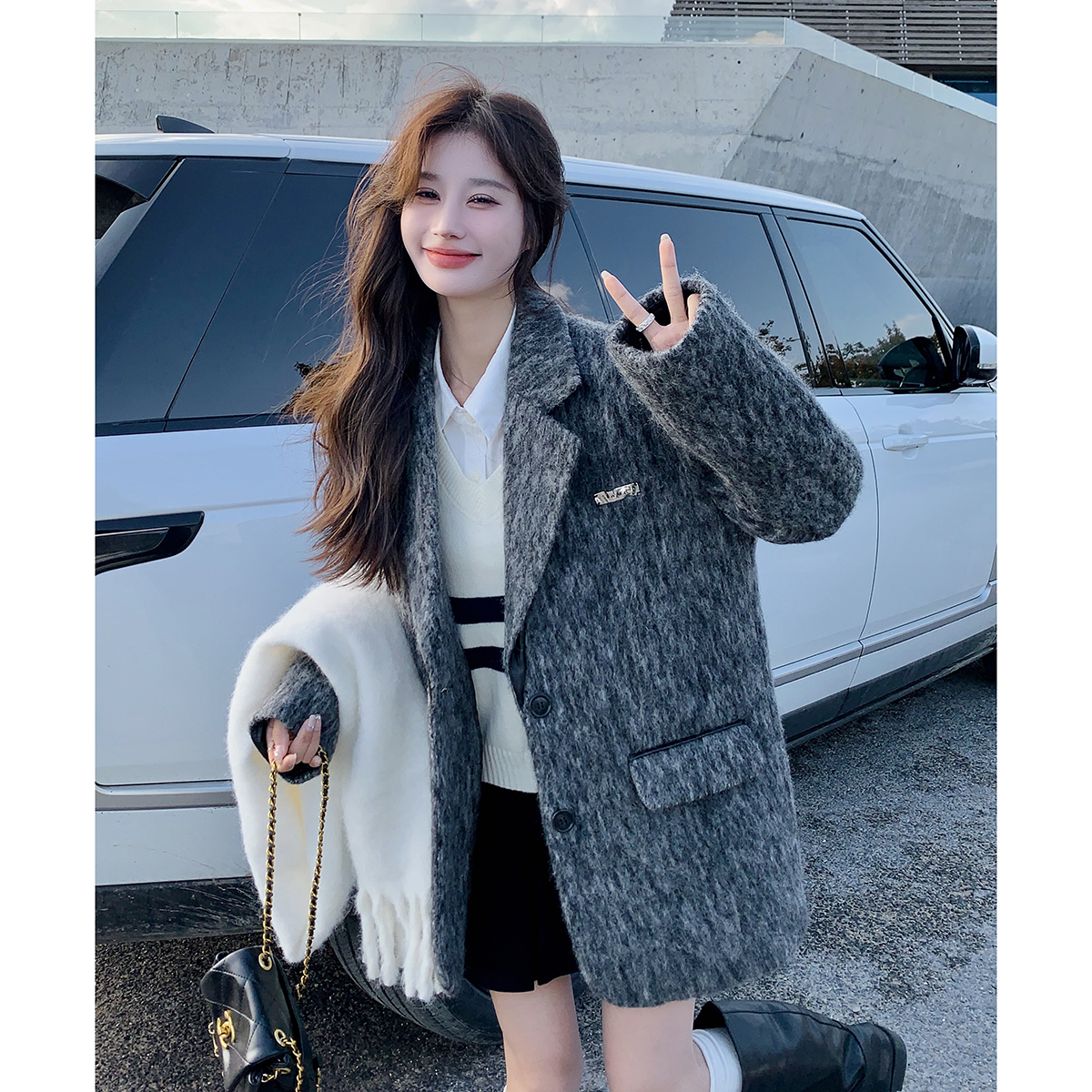 复古灰色毛呢西装外套女2023秋冬新款高级感加厚保暖羊毛大衣新款，女装毛呢外套，浙宝115