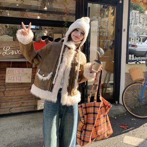 短款皮衣机车服女2024冬季新款美式复古加厚保暖设计感仿皮草棉服图片