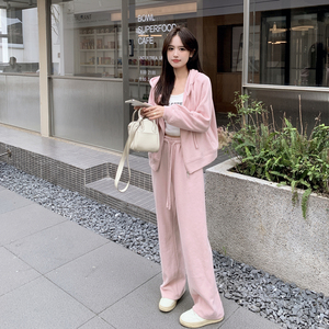 春季新款休闲运动套装女2024年韩版宽松粉色连帽卫衣阔腿裤两件套图片