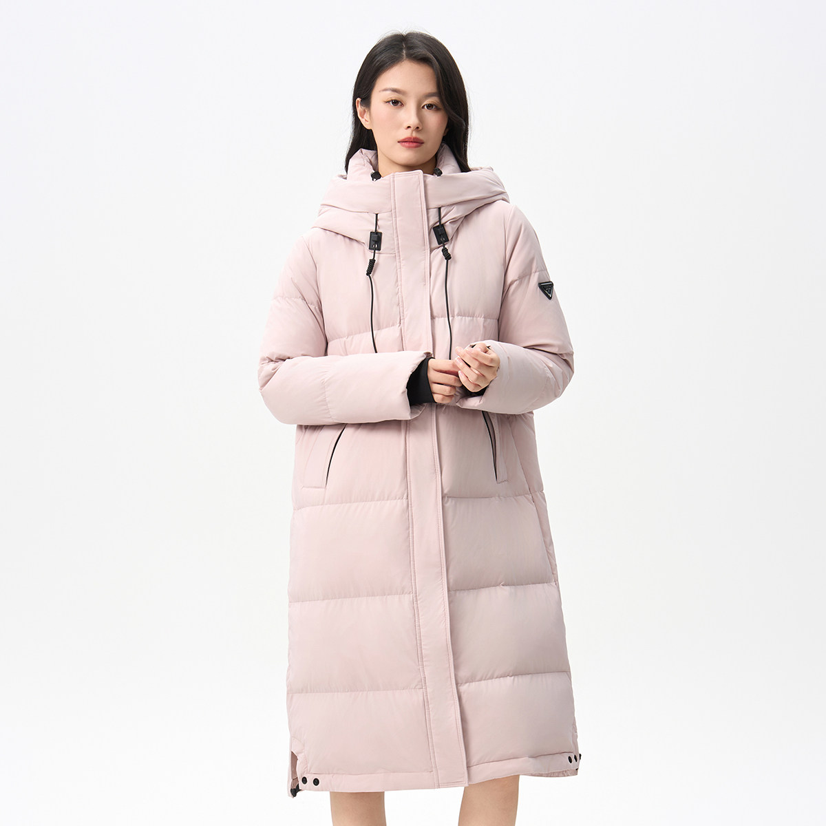 千仞岗2026冬季粉色过膝长款羽绒服女款连帽加厚保暖休闲鸭绒外套