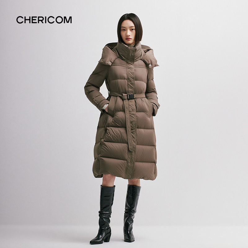 千仞岗连帽系带收腰显瘦长款高端羽绒服气质休闲外套