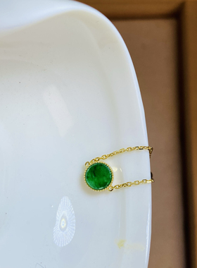 天然缅甸翡翠A货满色辣绿圆牌链条戒指18K黄金镶嵌可调节随意慵懒