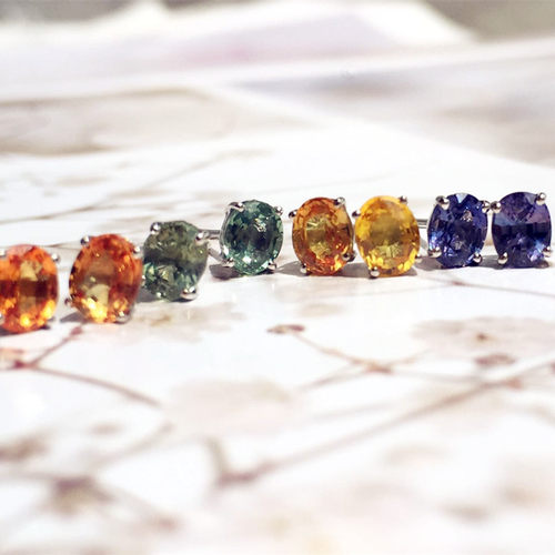 天然彩色蓝宝石椭圆耳钉撞色百搭