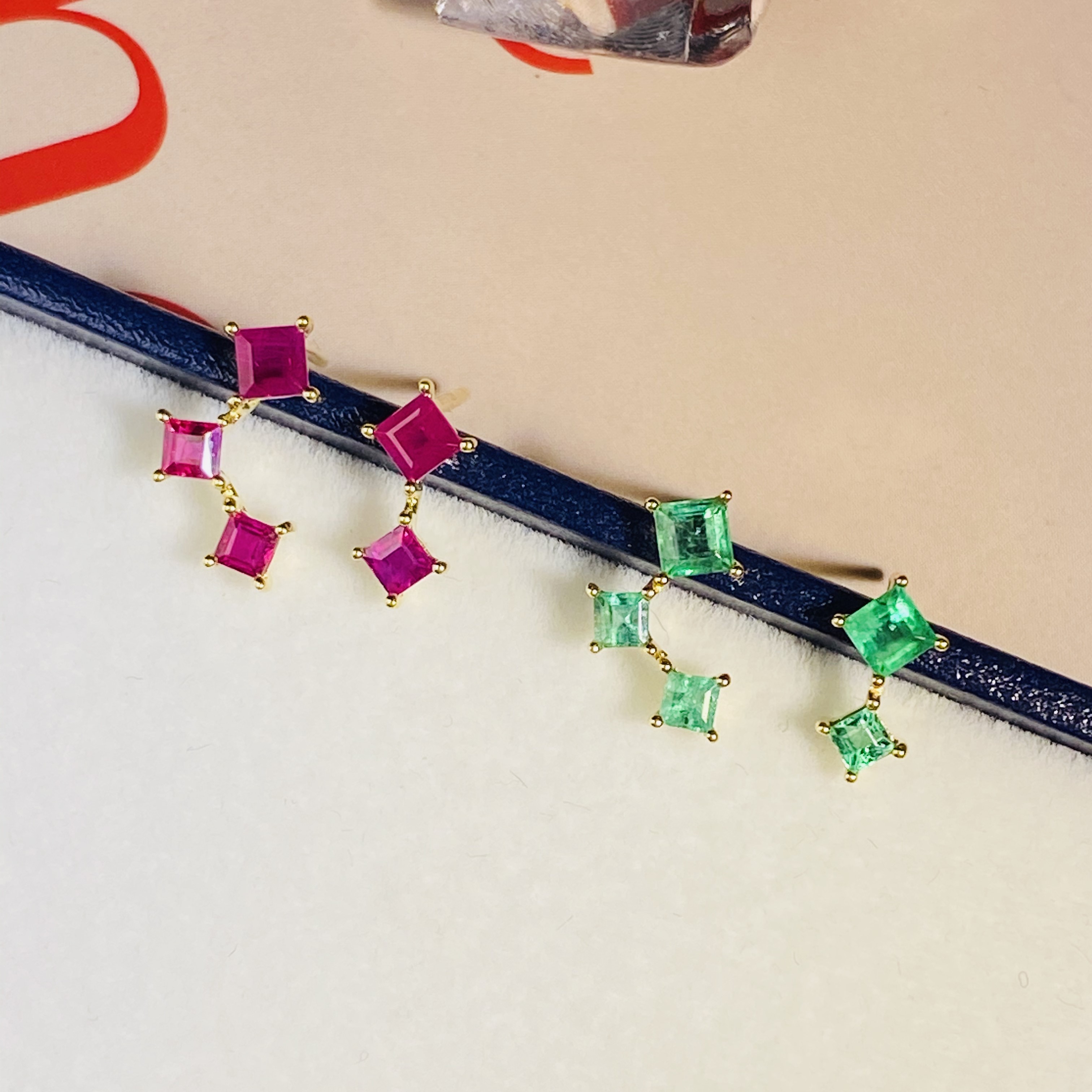 Cr-J星辰大海 耳钉天然红蓝宝石祖母绿拼方糖不对称星座18K金包邮