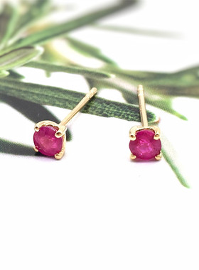 Cream-J 18K金天然红宝石耳钉4mm精致小圆形时尚百搭气质优雅包邮