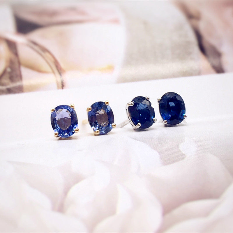 闺蜜屋天然斯里兰卡蓝宝石耳钉简约椭圆18K金百搭优雅精致包邮