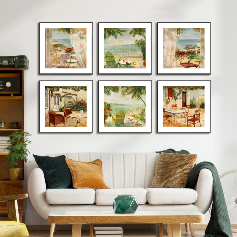 美式田园风景欧式海洋正方形挂画现代简约客厅沙发背景油画装饰画图片