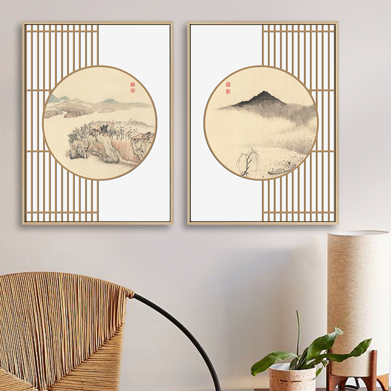 新中式客厅山水组合双联装饰画日式禅意水墨原木风背景墙挂画圆形图片