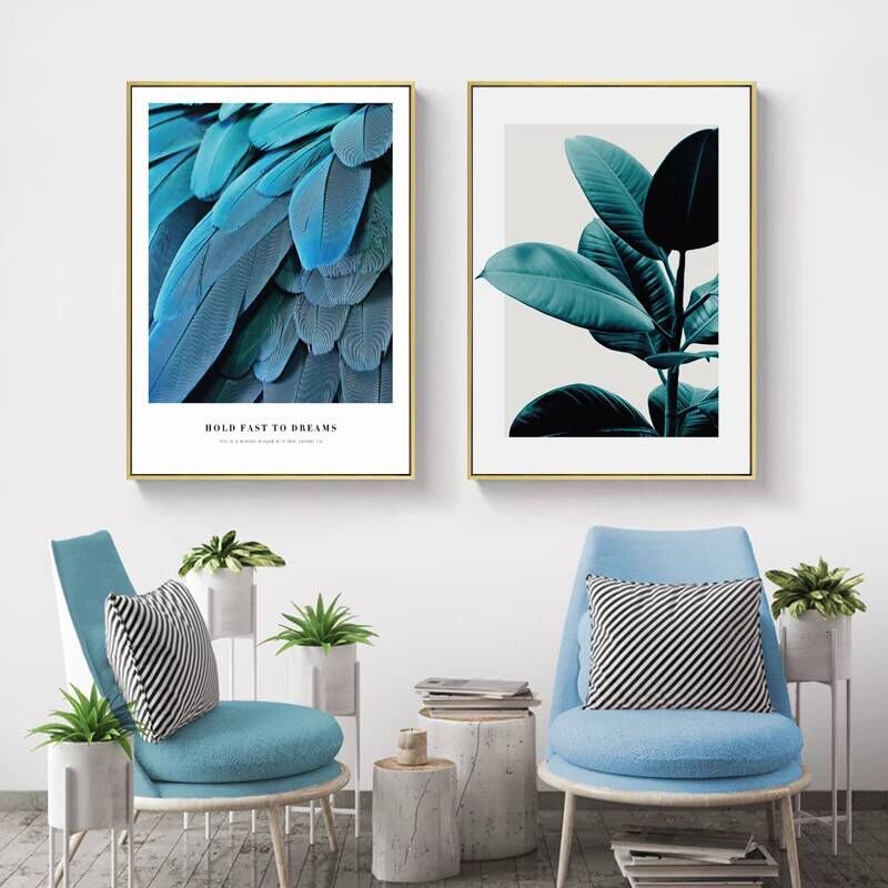 蓝色羽毛抽象植物文字客厅装饰画北欧现代餐厅卧室玄关轻奢挂画-封面