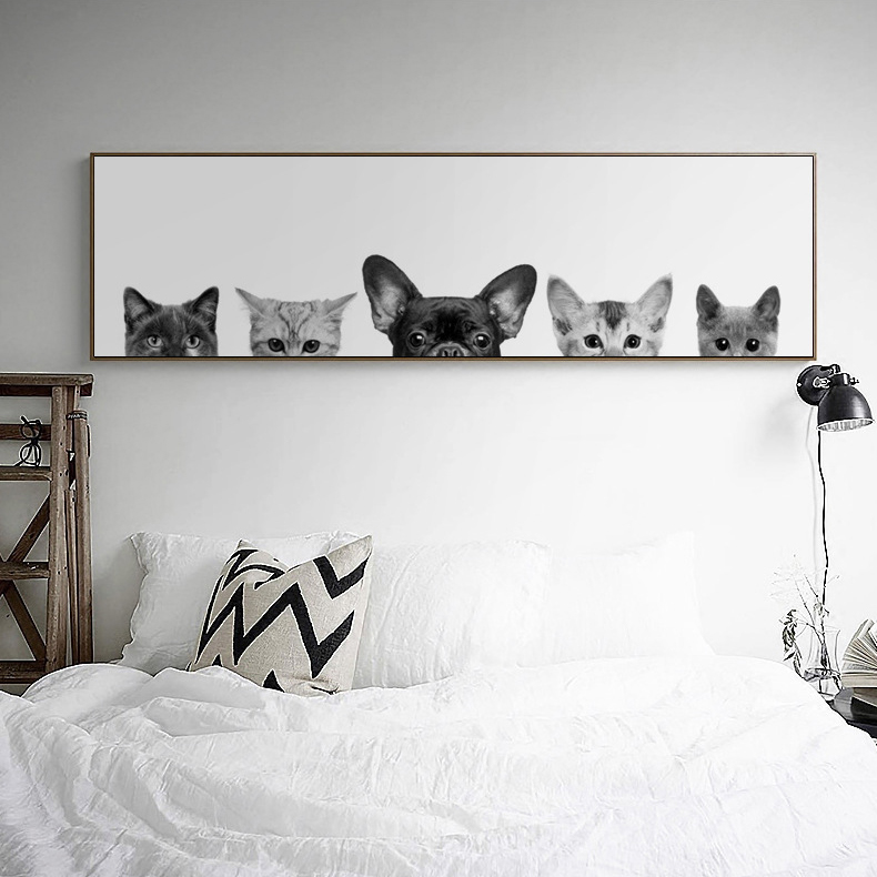 躲猫猫创意动物猫狗卧室床头画简约现代装饰画北欧风黑白萌宠动漫图片