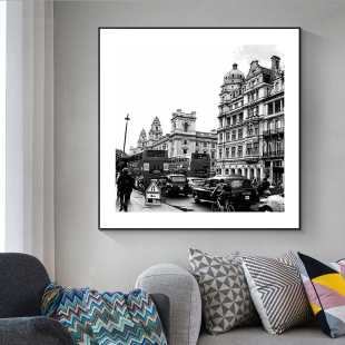 黑白建筑摄影这方形装饰画城市街头风景古典建筑挂画现代写实壁画