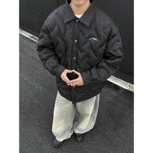 翻领衬衫 冬季 羽绒服男宽松大码 休闲痞帅黑色轻薄款 保暖外套潮 美式