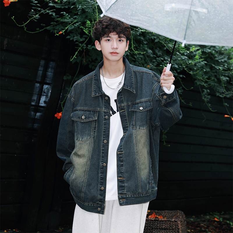 工装复古蓝牛仔外套潮流水洗复古