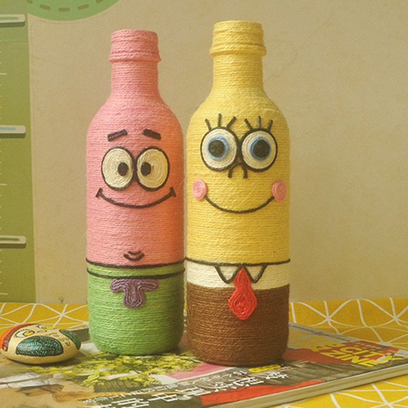 原创新品矿泉水瓶废物利用手工麻绳瓶子diy幼儿园作业海绵宝宝