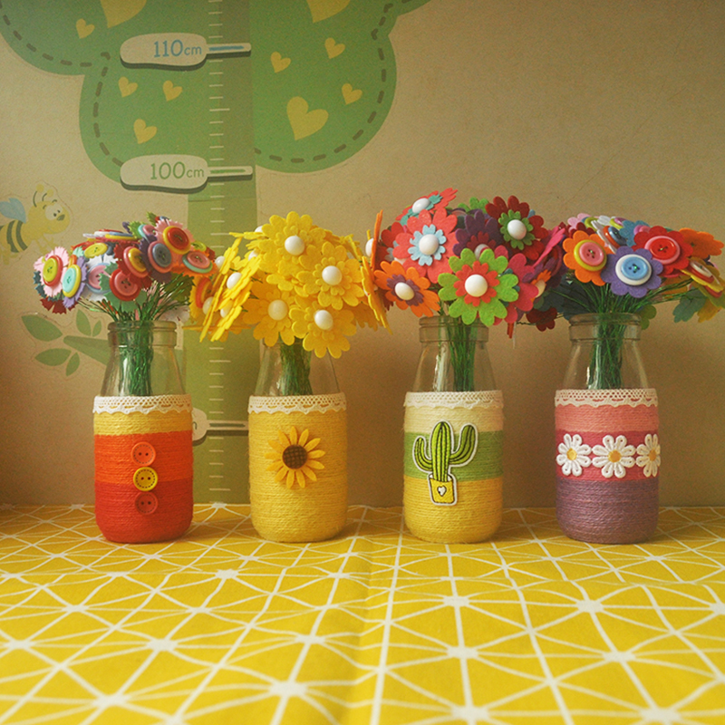 儿童纽扣花束创意手工diy制作材料包麻绳花瓶幼儿园盆栽亲子作业