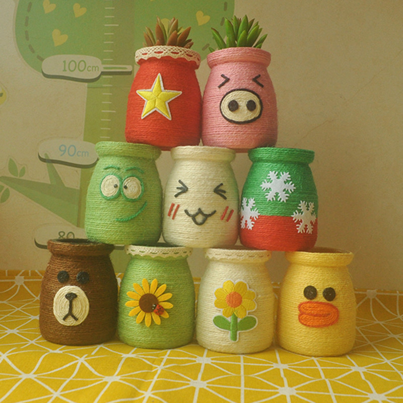 新品原创卡通布丁瓶创意摆件手工麻绳绿植插花废旧材料变废为宝,家居饰品,花瓶,淘宝优惠券,粉丝福利购,淘宝优惠卷