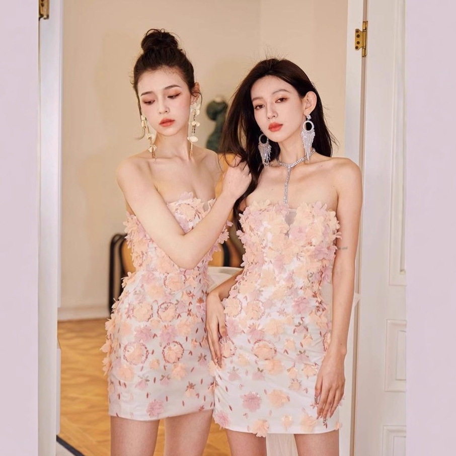生日礼服立体花朵抹胸2026新款修身短款派对连衣裙纱毕业礼裙