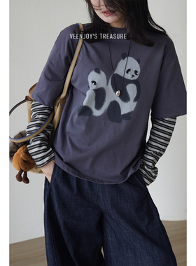 VEENJOY emo小熊 伤心熊猫印花宽松假两件长袖T恤 540324