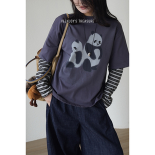 T恤 伤心熊猫印花宽松假两件长袖 540324 emo小熊 VEENJOY