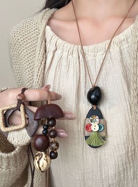 果壳项链新中式文艺复古感项链女长款植物果实菩提毛衣链个性配饰